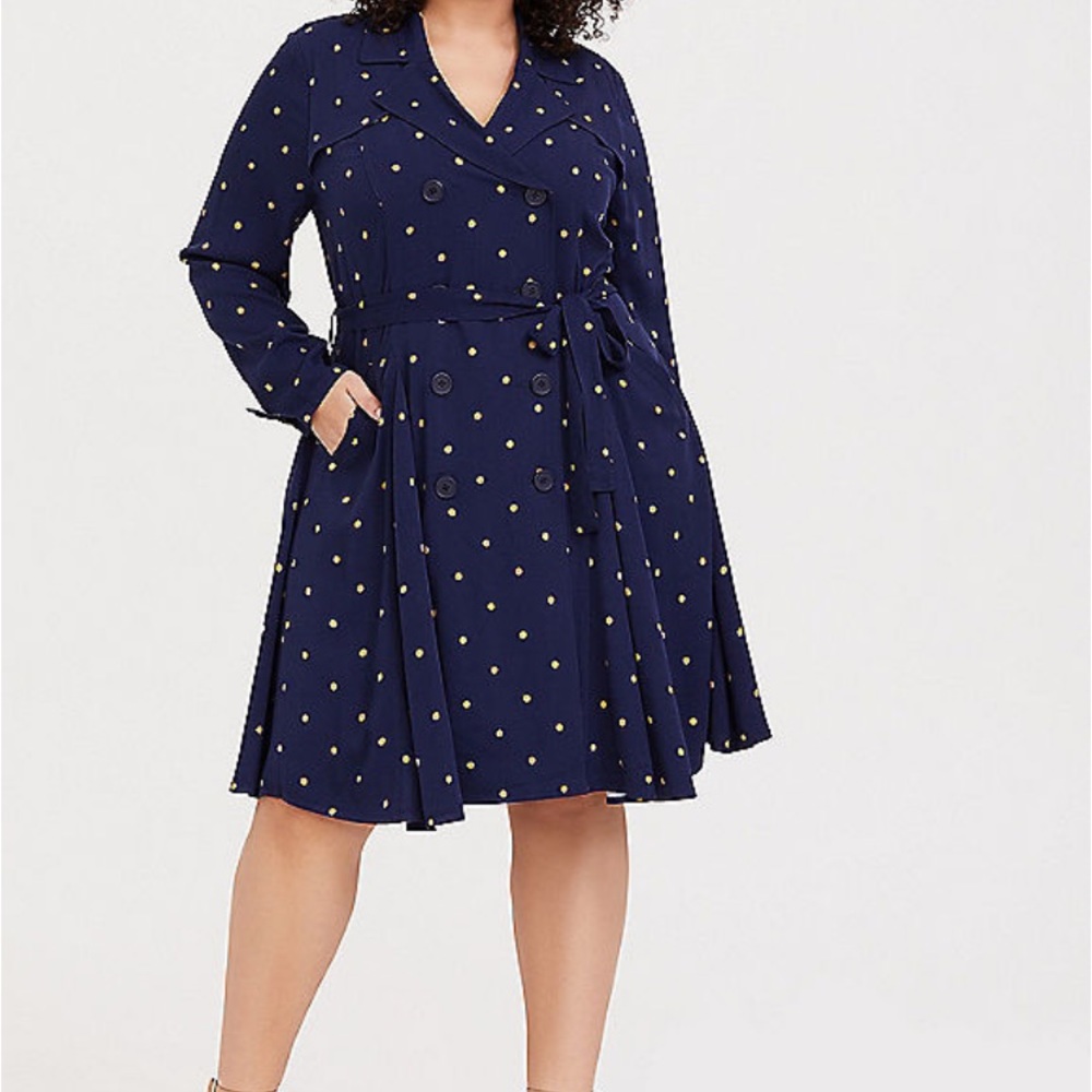 NWT Navy Polka Dot Twill Fit & Flare Trench Coat